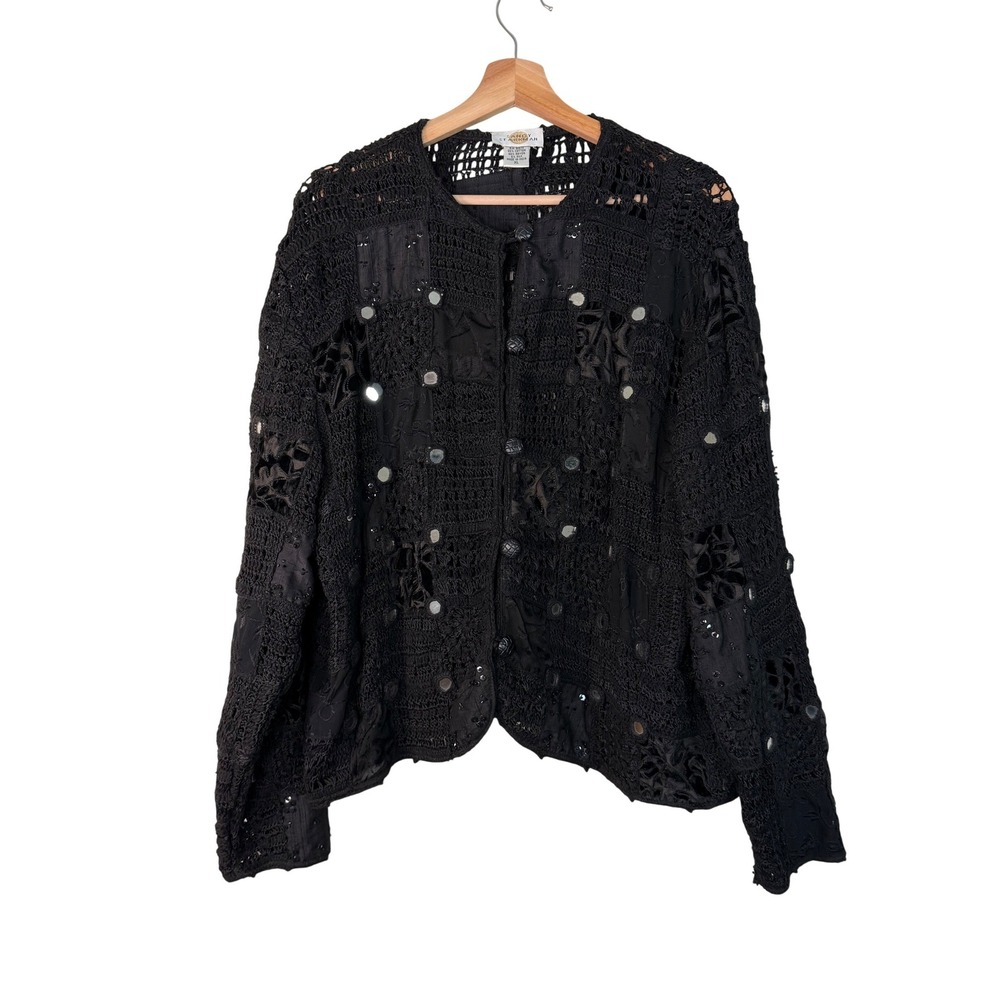 Vintage Sandy Starkman Black Crochet Mirrored‎ Art to Wear Patchwork Jacket XL